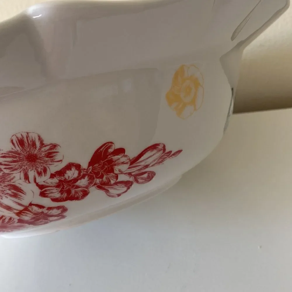Anthropologie Large Serving Bowl White Floral Decorated Fleur 13”